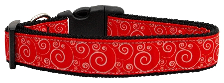 Red and White Swirly Nylon Ribbon Dog Collars Medium